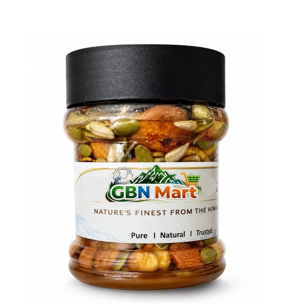 Premium Mixed Dry Fruits with Pure Honey – Gilgit-Baltistan Nuts & Honey Jar | Natural Energy Booster